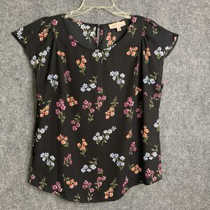 Philosophy Top Women M Cap Sleeve Silky Pullon Keyhole Back Black W/ Flowers